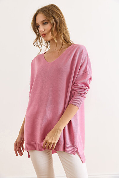 Olalook Women's Dusty Rose V-Neck Side Slit Basic Knit Sweater Kzk-19000868