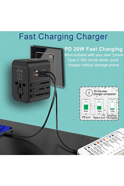Blue Ocean Travel Adapter 35.5W With 3 Usb Ports-1 Type C 3.0A–1 PD 20W/QC 3.0 Universal Travel Ad