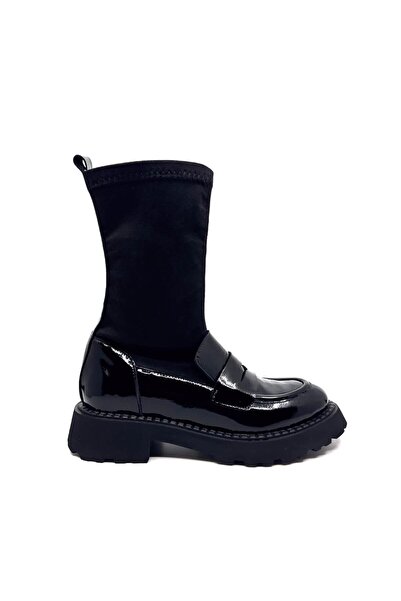 Favgi Irau Siyah Kırışık Rugan Siyah Süet Streç Kadın Bot