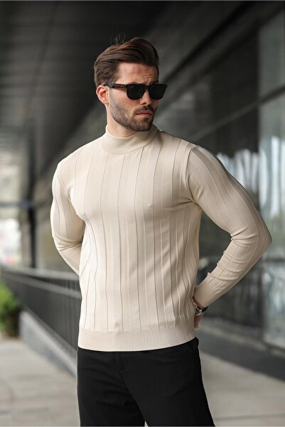 Madmext Πλεκτό πουλόβερ ανδρικό μισό ψαράδικο χρώμα πέτρας E7423