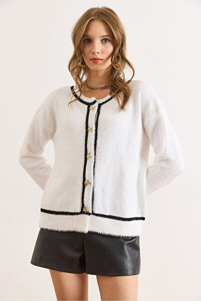 Olalook Women's White Button Detailed Striped Beard Knitwear Cardigan Hrk-19000425