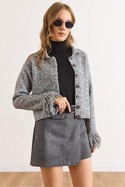 Olalook كارديجان نسائي محبوك بحواف مهدبة وأكمام مدخنة HRK-19000419