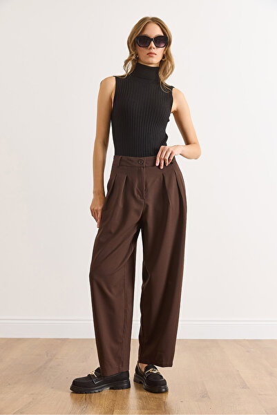 Olalook Kadın Kahverengi Cepli Pileli Balon Poliviskon Dökümlü Pantolon PNT-19000370