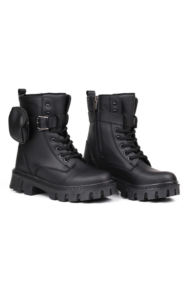 KAJILA Women's Black Boots – Thick Sole with Wallet, Zipper, Lace-Up, Buckle, Comfortable, Casual, Stylish and Durable