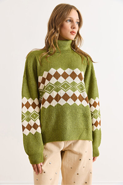 Olalook Women's Oil Green Turtleneck Argyle Pattern Soft Textured Knitwear Sweater Kzk-19001022