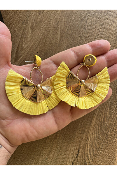 Büyük Hanım Large Yellow Color Beach Style Handmade Raffia Earrings