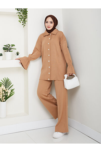 FERHEL Σετ πλεκτό παντελόνι και ζακέτα με λεπτομέρεια πλισέ από την Elit Kol