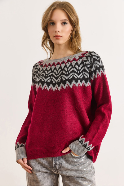 Olalook Pulover de tricotat cu textura moale, cu guler burgundă, pentru femei...