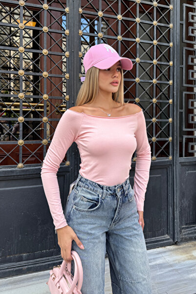 la & vetta Powder Pink Off-The-Shoulder Long Sleeve Blouse