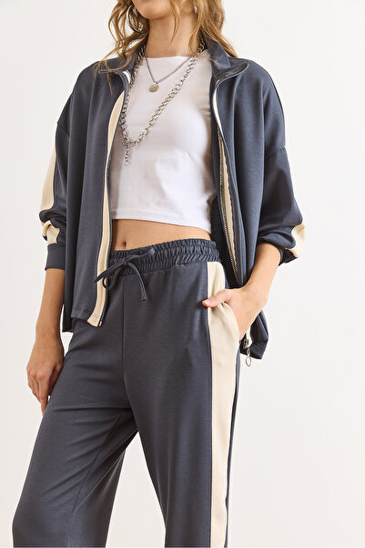 Olalook Women's Smoked Modal Buttoned Stripe Detailed Top and Bottom Set Tkm-19000443