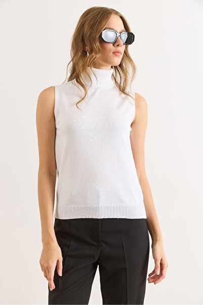 Olalook Pulover alb cu gât roșu, fără mâneci, tricot subțire pentru femei KZK-19001019