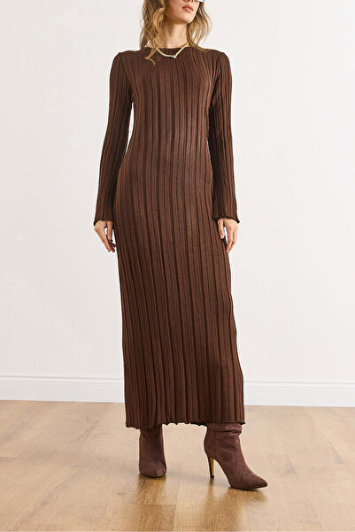 Olalook Women's Brown Spanish Sleeve Belted Maxi Knit Dress Elb-19002546