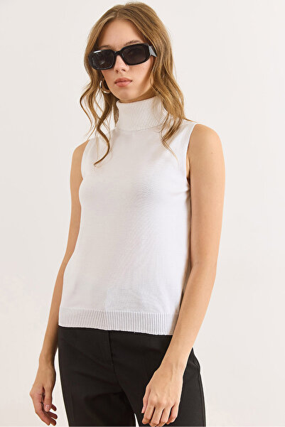 Olalook Pulover alb cu gât roșu, fără mâneci, tricot subțire pentru femei KZK-19001019