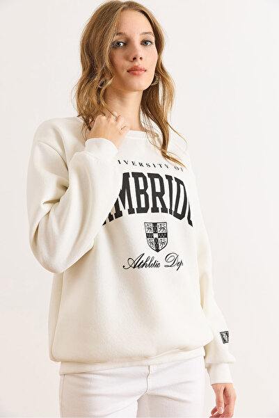 Olalook Kadın Beyaz Cambridge Baskılı Şardonlu Kalın Sweatshirt SWT-19000758
