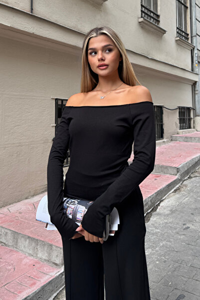 la & vetta Black Off Shoulder Long Sleeve Blouse