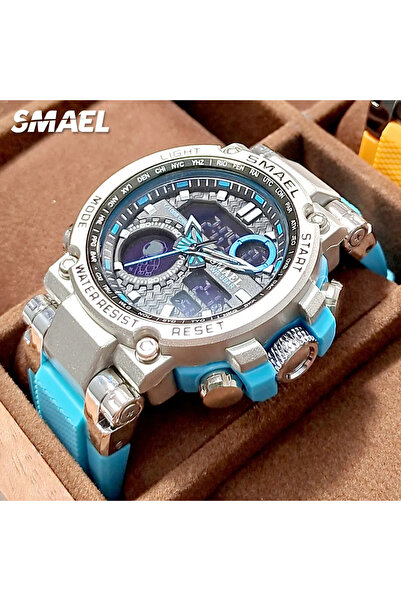 SMAEL Men's Watch Blue Silver Quartz Analog Digital Electronic Rubber Alarm