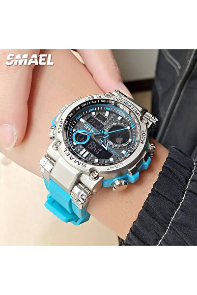 SMAEL Men's Watch Blue Silver Quartz Analog Digital Electronic Rubber Alarm