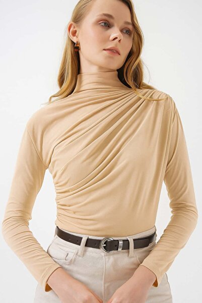 SCZ Bej Drapeli Yüksek Yaka Kadın Bluz
