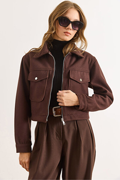 Olalook Women's Brown Lined Zippered Double Pocket Detailed Crop Cashmere Jacket Ckt-19000484