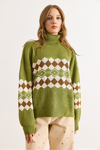 Olalook Women's Oil Green Turtleneck Argyle Pattern Soft Textured Knitwear Sweater Kzk-19001022
