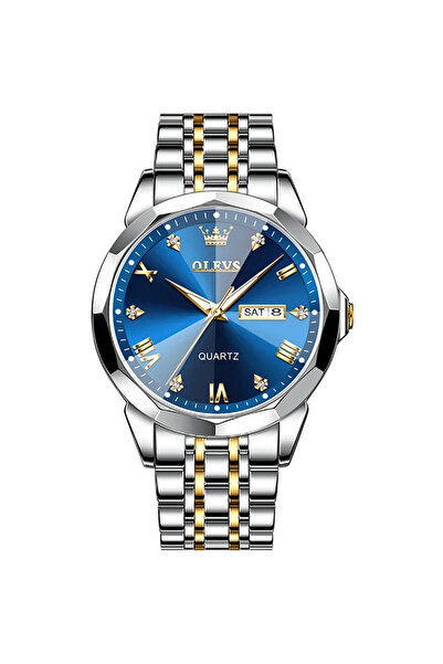 OLEVS Ceas pentru bărbați cu cuarț analogic, dată, oțel argintiu/albastru