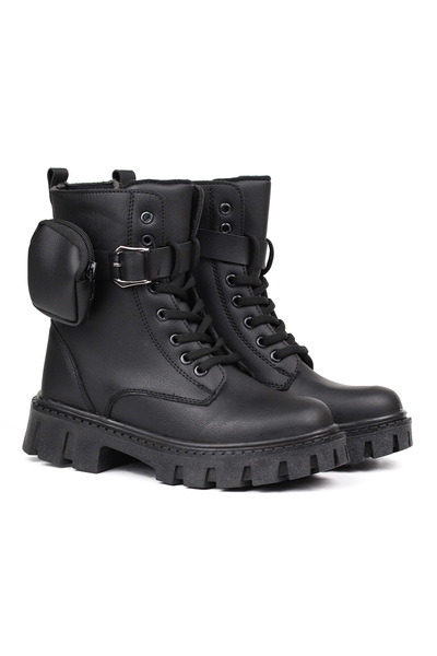 KAJILA Women's Black Boots – Thick Sole with Wallet, Zipper, Lace-Up, Buckle, Comfortable, Casual, Stylish and Durable