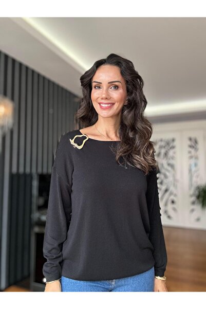 Atelier Derin Pulover tricotat cu mâneci lungi cu accesorii negre pentru umăr