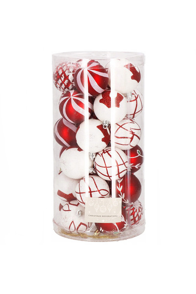 SERSIMO Christmas bauble set with holiday patterns, 30 pieces, 6cm, red and white