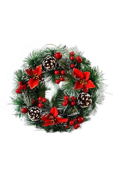 Flippy Χριστουγεννιάτικο Στεφάνι Flippy, 32 εκ., Τεχνητό Έλατο, Κώνοι και Κράνμπερι, 3 Κόκκινα Φιογκάκια, Πράσινο/Λευκό