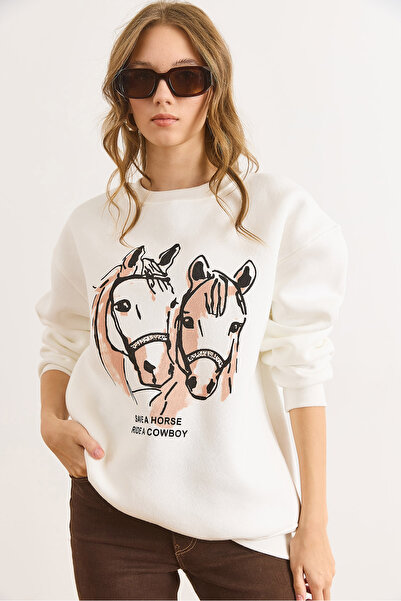 Olalook Kadın Beyaz Horses Şardonlu Kalın Sweatshirt SWT-19000760