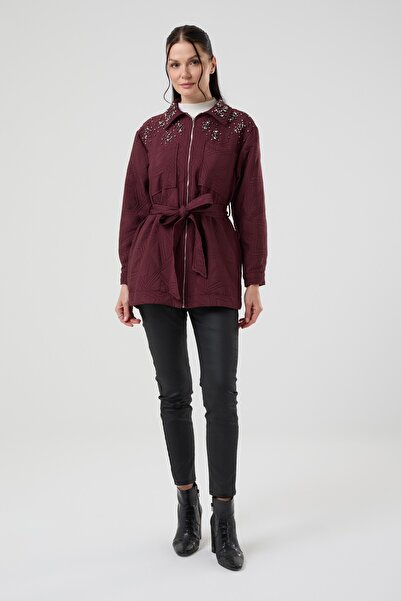 Jupe Women's Collar Stone Detailed Quilted Jacket 9270