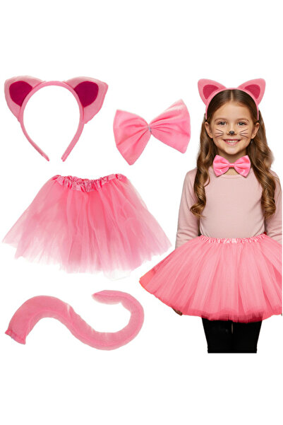 zola Παιδική στολή γατούλας, Zola, 4 τεμάχια, φούστα, στέμμα, ουρά και παπιγιόν, +3 ετών, ροζ