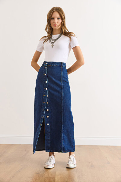 Olalook Women's Dark Blue Button Detailed Long Denim Skirt Etk-19000359