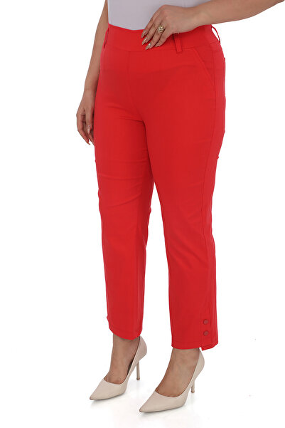 EXİTLİNE Women's Summer Spring Red Pants with Front Decorative Pockets and Snap Detail at the Hem, Elastic Waistband