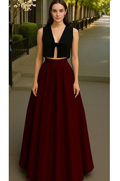 MadyaButik Women's Burgundy Pocketless Pleated A-Line Evening Skirt