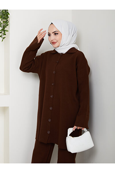 Kirazgym Oversize Ribbed Steel Knit Detailed Cardigan Pants Knitwear Set