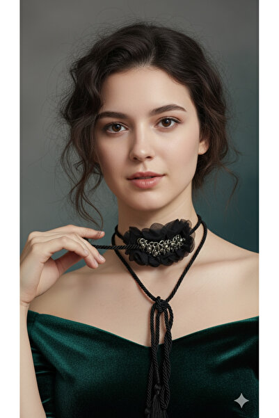 Handmade Siyah Şifon Zincir ve Taş Detaylı İpli Şal Kolye – Kadın Choker Aksesuar