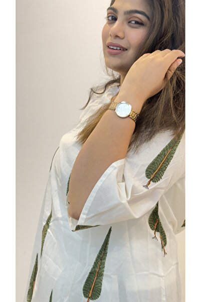 Ruh Collections White & Green leaf Oversized Cotton Kurta Set