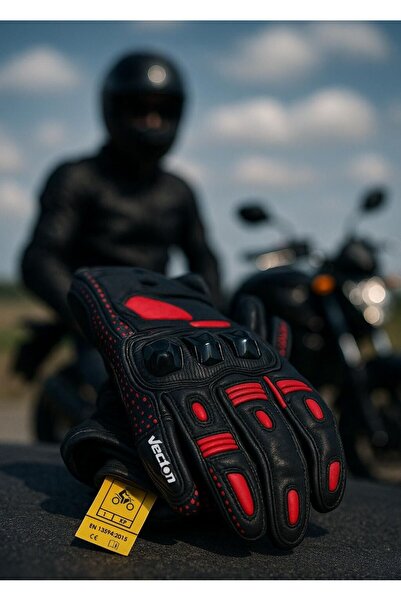 Tech90 Kırmızı Siyah Deri Motosiklet Eldiveni