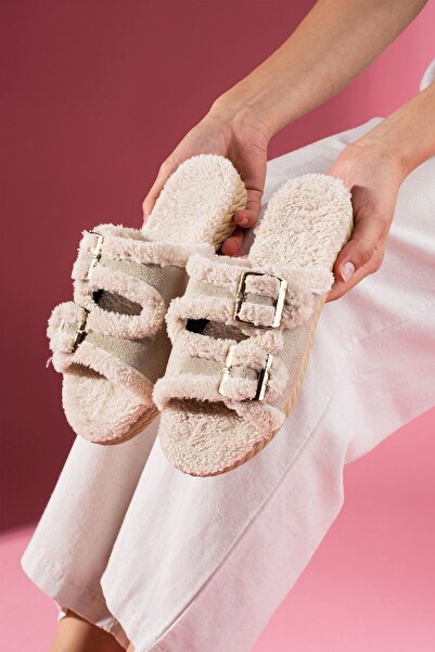 FUGA MODA Damy Beige Buckle Double Strap Plush Detailed Women's House Slippers