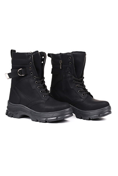 KAJILA Women's Black Nubuck Boots – Thick Sole, Zippered, Lace-Up, Rubber Buckle, Comfortable, Casual, Stylish and Durable