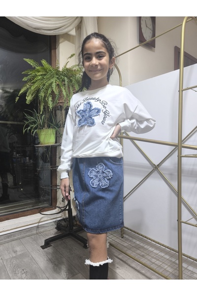 Şimo Butik Eid Girls' Denim Skirt Set (Sweatshirt + Short Denim Skirt with Elastic Waist) Flower Blue