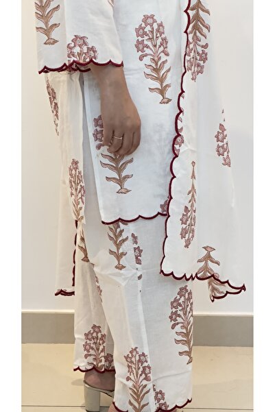 Ruh Collections White & Red Embroidery Cotton Kurta Set