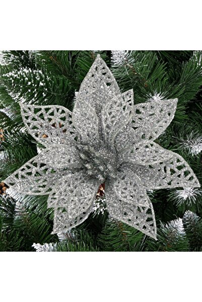 OEM Set 10 ornamente pentru bradul de Craciun, stea Poinsettia, 10cm, argintiu