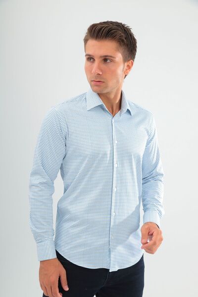 ANDINO Slimfit White Blue Checkered Men's Shirt with Lycra Slim Fit Structure...