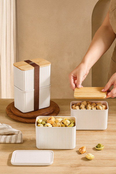 Kitchen Life Set of 2 Bamboo Lid Striped Storage Containers - 1000 ml