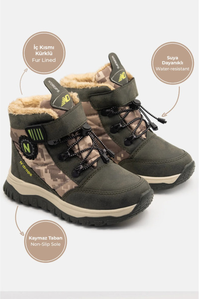 SHOUGO Boy's Boots with Fur Inside, Non-Slip Sole, Water Resistant Boots