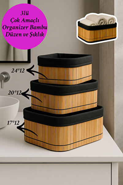 İnterlife 3lü Bambu Sepet Çok Amaçlı Banyo Dolap İçi Düzenleyici Yıkanabilir ...