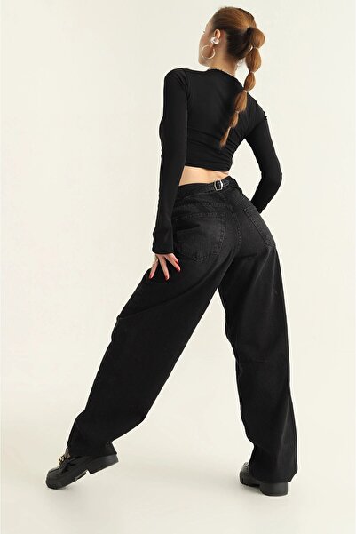 SU SHE جينز فضفاض للنساء من ميلانو مع حزام خلفي وتفاصيل مميزة