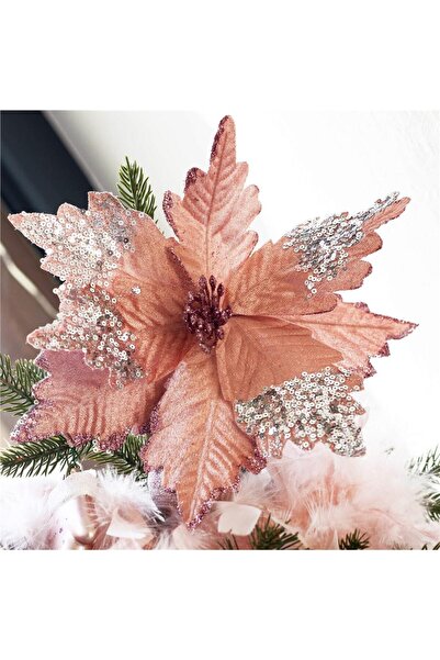 OEM Set 5 ornamente pentru bradul de Craciun, stea Poinsettia, 26cm, roz argi...